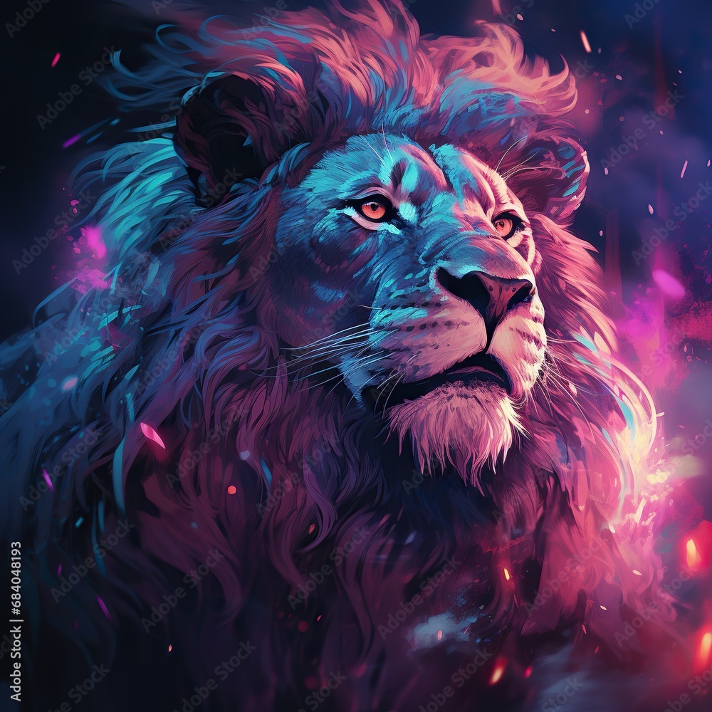 A colorful lion with a blue mane and purple mane Generative AI