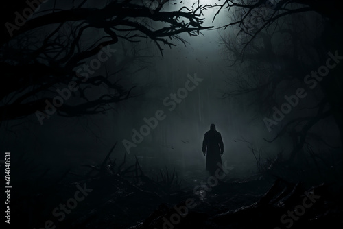 Silhouette of a man in the dark forest at night with fog. Halloween concept