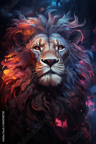 A image of lion head. with neon lights red eyes. wallpaper concept. Generative AI