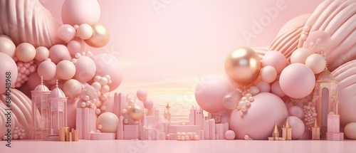 Pastel pink abstract composition with balloons and architectural elements. Modern digital artwork.