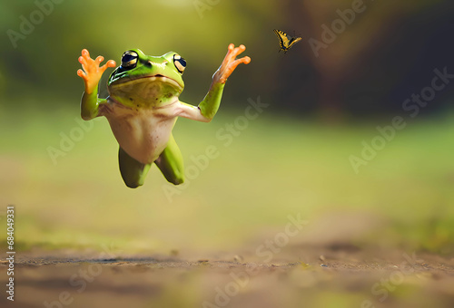 A cute green frog is jumping joyfully and trying to catch a butterfly photo