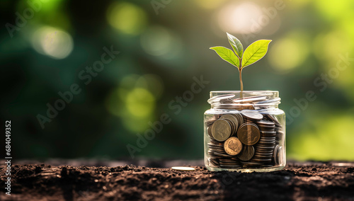 young plants grow on coins in glass jars. financial success and business growth Concepts of saving money and investing