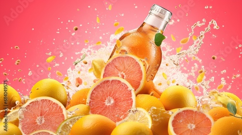 Bottle of fresh grapefruit juice with splashes on color background