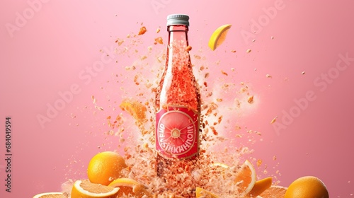 Bottle of fresh grapefruit juice with splashes on color background photo