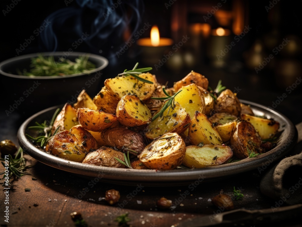 Herb-infused roasted potatoes in a rustic dish, highlighted by the warm glow of soft, ambient lighting. Perfectly golden and seasoned, these potatoes offer an inviting Herb-infused roasted potatoes in a rustic dish, highlighted by the warm glow of soft, ambient lighting. Perfectly golden and seasoned, these potatoes offer an inviting