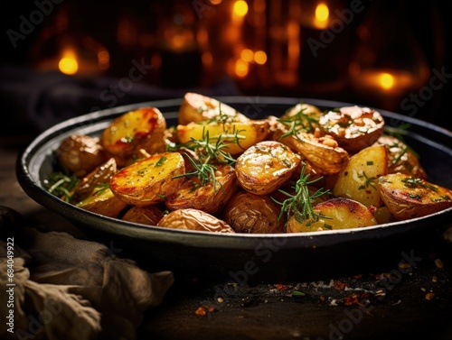 Herb-infused roasted potatoes in a rustic dish, highlighted by the warm glow of soft, ambient lighting. Perfectly golden and seasoned, these potatoes offer an inviting