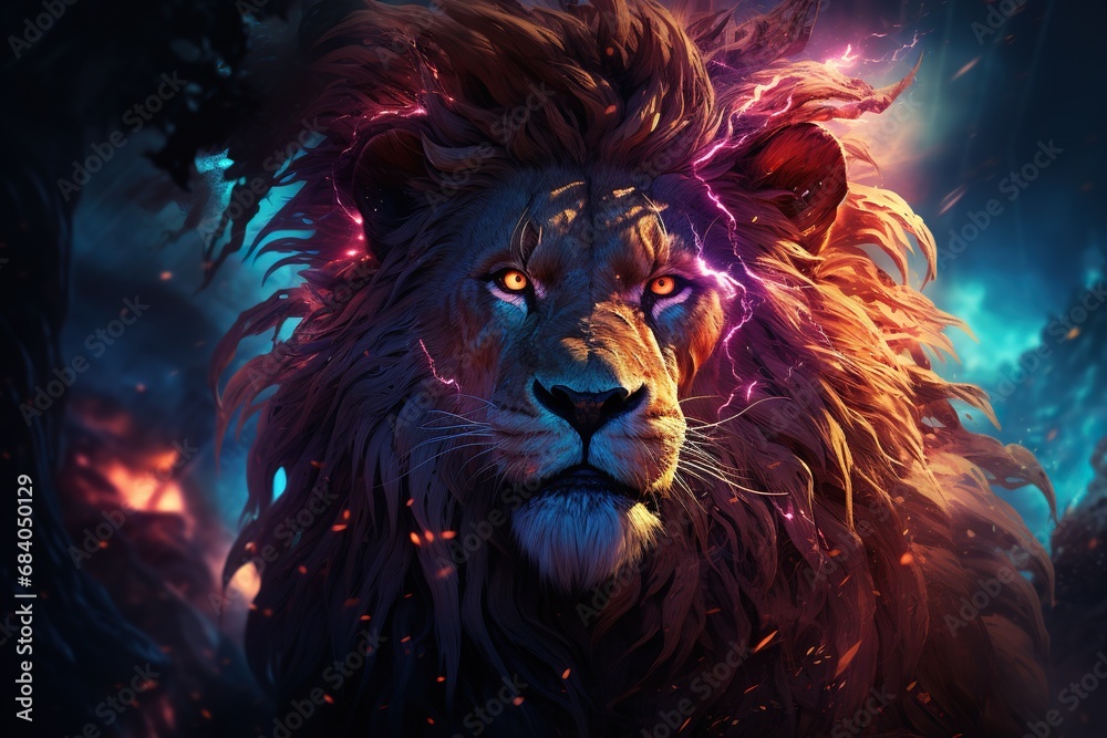 A picture of lion head with neon lights red eyes wallpaper concept Generative AI