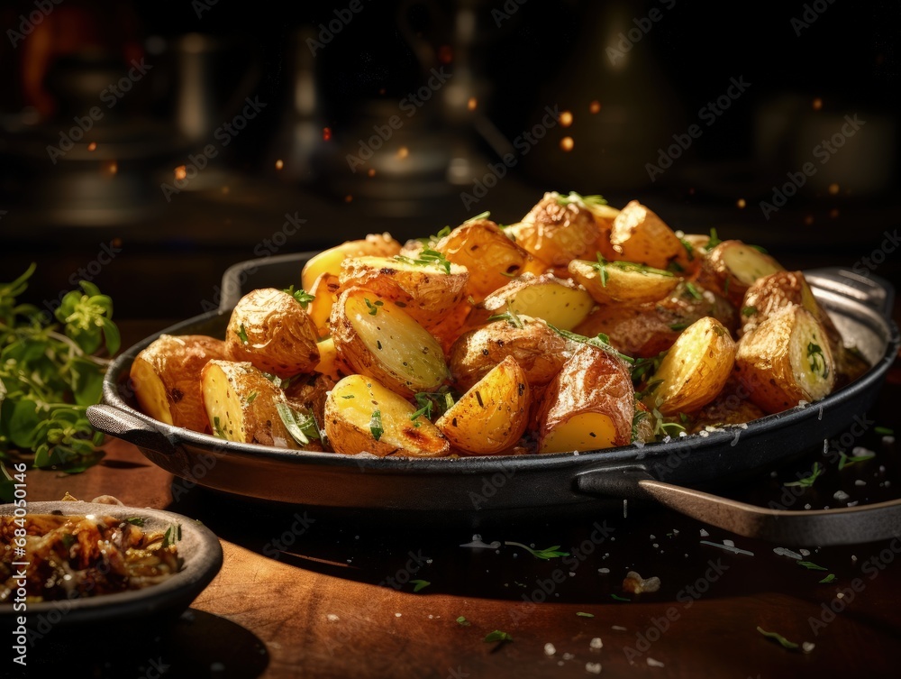Herb-infused roasted potatoes in a rustic dish, highlighted by the warm glow of soft, ambient lighting. Perfectly golden and seasoned Herb-infused roasted potatoes in a rustic dish, highlighted by the warm glow of soft, ambient lighting. Perfectly golden and seasoned