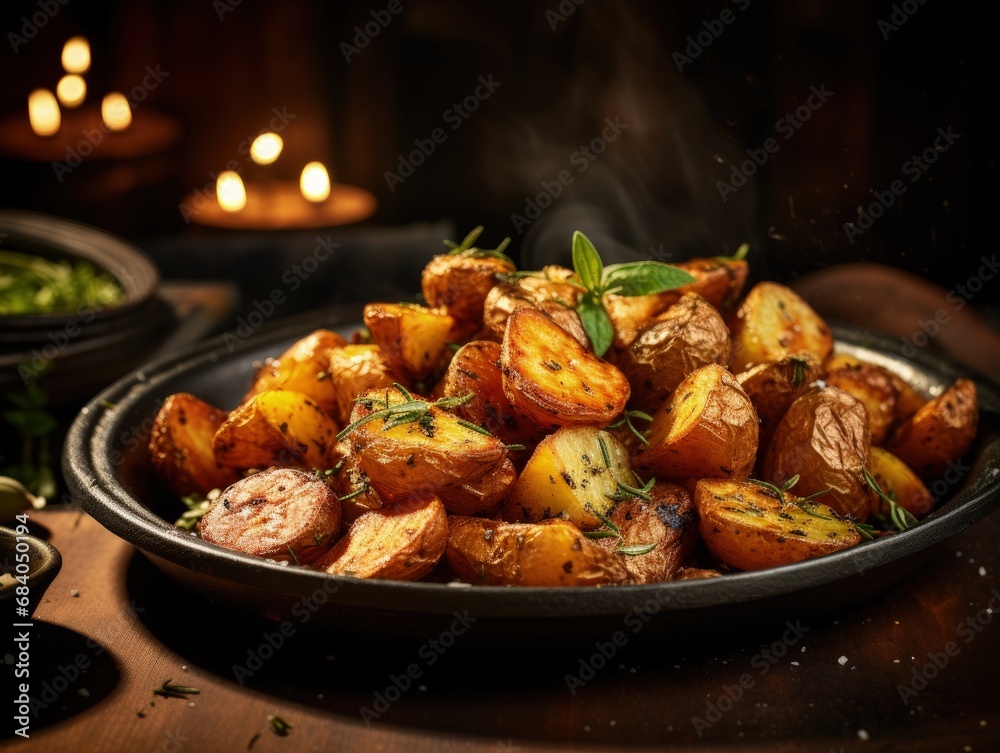 Herb-infused roasted potatoes in a rustic dish, highlighted by the warm glow of soft, ambient lighting. Perfectly golden and seasoned Herb-infused roasted potatoes in a rustic dish, highlighted by the warm glow of soft, ambient lighting. Perfectly golden and seasoned
