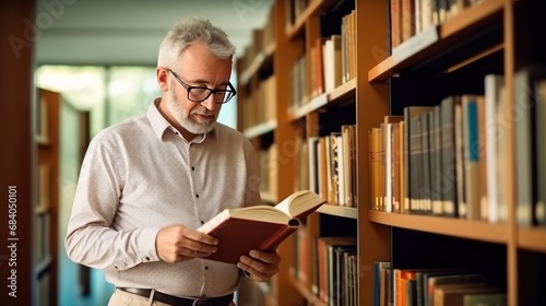 Senior Caucasian man university lecturer in glasses reads book repeating material to preach subject to students in dark library. Professor studies material gaining experience in educational photo