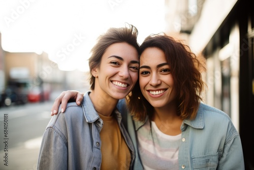 Smiling young female siblings posing together looking at the camera in a city street