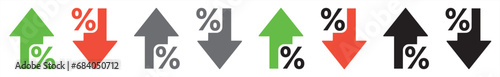 Percentage growth and decline icons. Percent with arrows up and down. Arrow with percentage icon. Vector illustration