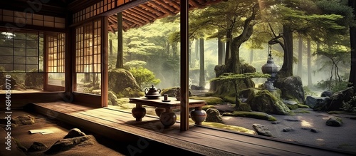 Japanese garden in a japanese house. 3D rendering photo