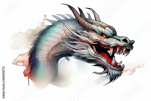 Japanese dragon face in watercolor sytle with Generative AI.