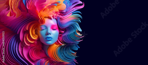 a woman in colorful makeup and colorful hair, in the style of fluid landscapes, futuristic chromatic waves, three-dimensional effects, woman's day Generative Ai