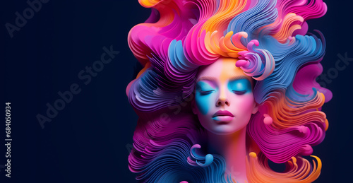 a woman in colorful makeup and colorful hair, in the style of fluid landscapes, futuristic chromatic waves, three-dimensional effects, woman's day Generative Ai