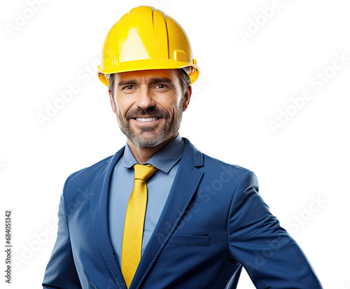 Adult man wearing blue suit and yellow safety helmet isolated on transparent background © Aleksandr Bryliaev