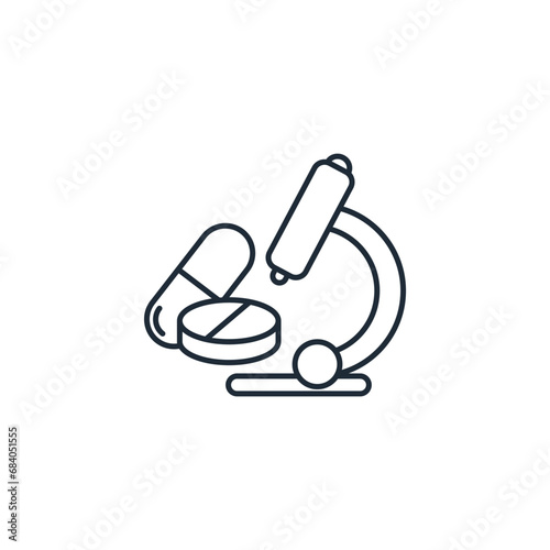 Checking for compliance with the quality of medical pharmaceutical products. Treatment effectiveness.  Vector linear illustration icon isolated on white background.