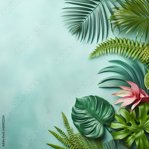 Fresh Exotic Jungle Background with Copy Space Menu Border Made of Tropical Leaves & Flowers. Watercolor For Summer Vibes Greeting Cards Posters Banners Placards Cafe Coffee Shop Hawaii Bar Restaurant