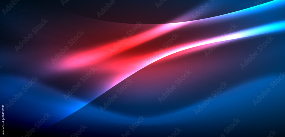 Fototapeta premium Dynamic waves in ethereal glow of neon lights. Concept merges fluidity of motion with vibrant allure of neon, crafting entrancing backdrop that embodies both vitality and futuristic sophistication