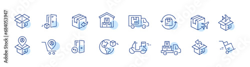 Delivery, return, express courier service, truck and warehouse. Pixel perfect, editable stroke icon