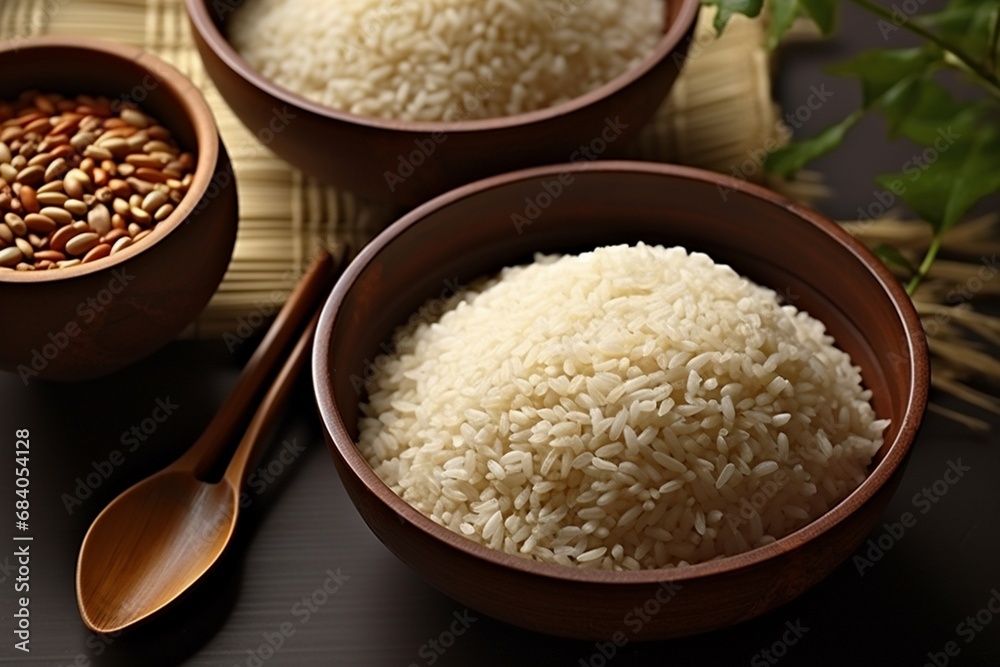 Dry white long rice basmati in wooden bowl isolated on a white background.
Dry white long rice basmati in wooden bowl isolated on a white background.