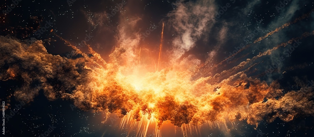 Fireworks in the night sky with stars and nebula. 3D rendering