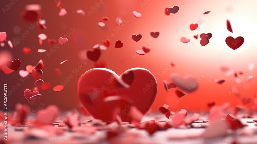 Red hearts flying in the air on blue background. 3d rendering