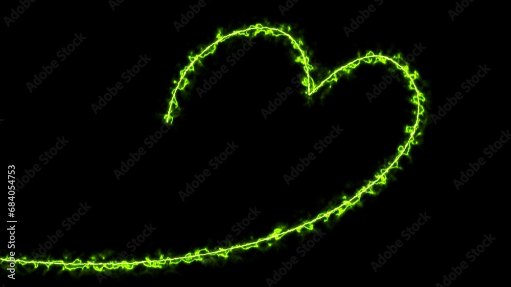 Fototapeta premium Neon heart shape or laser glowing green lines in fog background. Retro yellow neon heart sign. Romantic design for Happy Valentines Day.