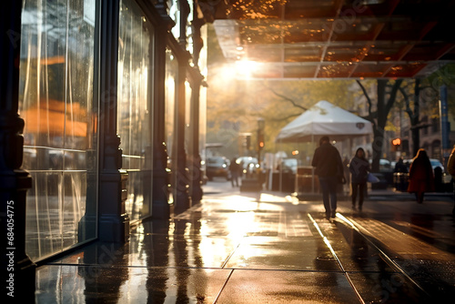 Portrait city streets after rain during afternoon, with lens flare effect and water splash. Blurred sunlight shines through. Generative AI