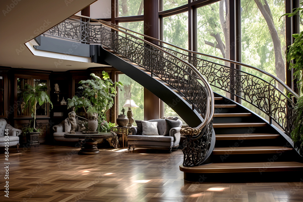 Fototapeta premium Interior of two floor modern house. Wooden stairs in the living room, sofa, wooden cabinet shelf, ornamental plant . Cozy and stylish home interior design. Generative AI