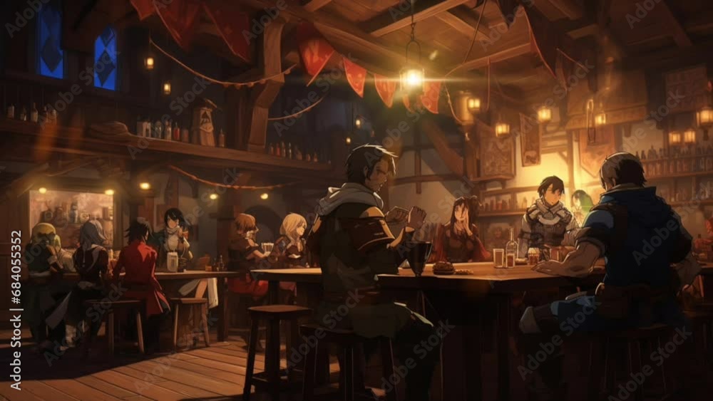 medieval fantasy tavern with adventurous knights. seamless looping animated backgrounds. Generated with AI
