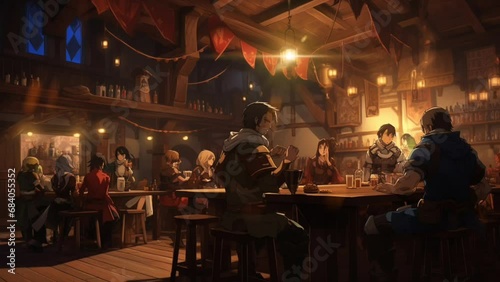medieval fantasy tavern with adventurous knights. seamless looping animated backgrounds. Generated with AI photo