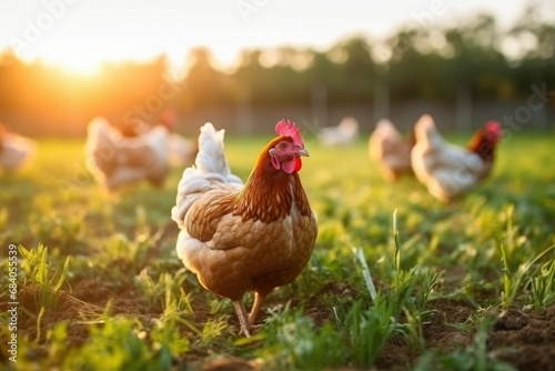 Chicken farming and agriculture on grass field or outdoor © Muh