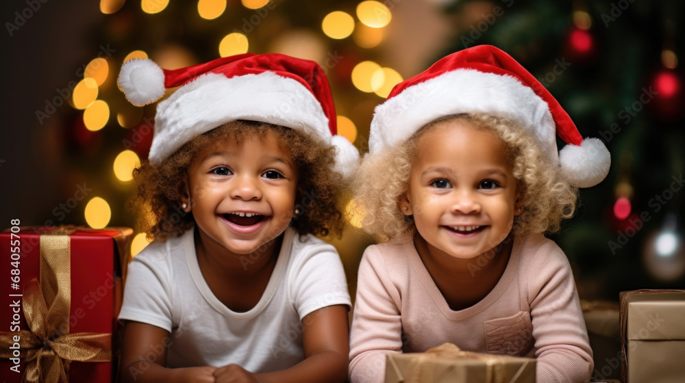Happy kids in Santa hats with presents in kindergarten Happy kids in Santa hats with presents in kindergarten