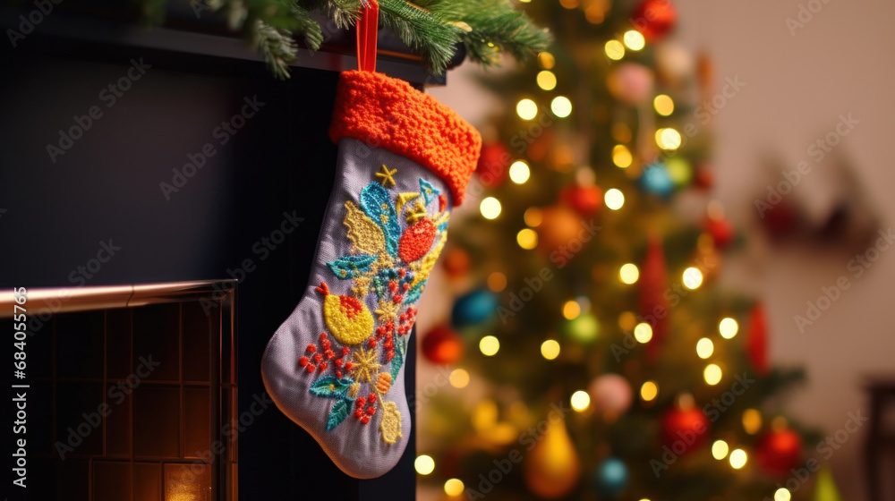 Colorful a Christmas sock with embroidered ornament 
 against a blurry Christmas tree.