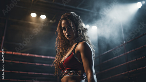 Portrait of a muscular woman. Professional wrestler in the ring photo