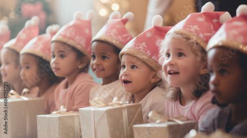 Happy kids in Santa hats with presents in kindergarten photo