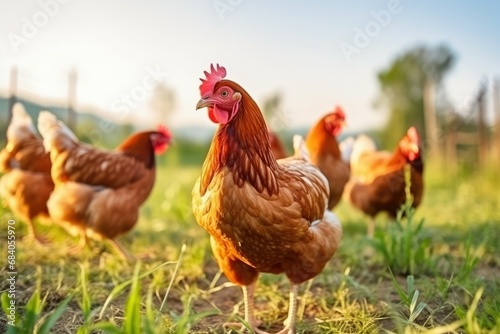 Chicken farming and agriculture on grass field or outdoor © Muh