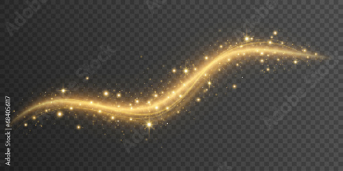 Magical golden glowing trail with dynamic magical dust and stars isolated on a dark transparent background. Sparkling wavy light effect. Christmas lights. Vector illustration. photo