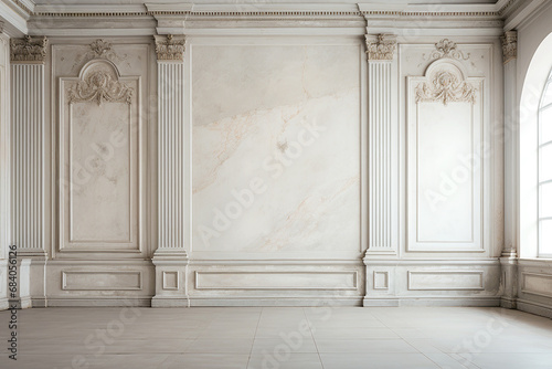 Empty room with bright marble walls. Room with classic European style. Empty wall mockup. Minimalist home interior design. Generative AI photo