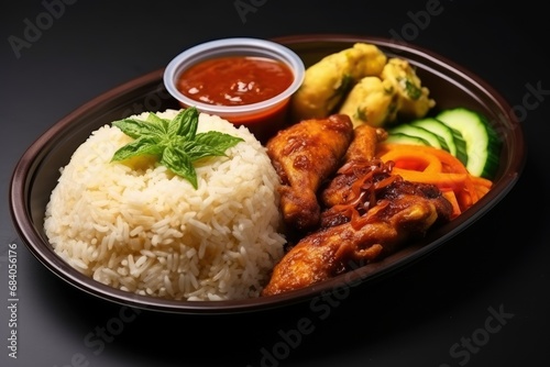 Indonesian food chicken rice tempe vegetables and chili sauce