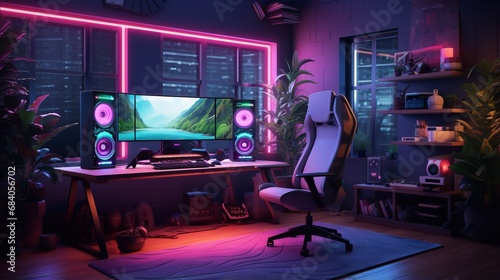vibrant gaming setup with rgb lights in modern entertainment room – futuristic technology and entertainment concept