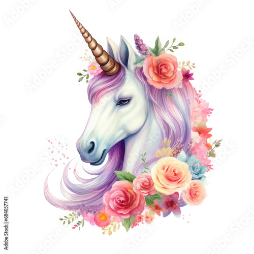 Cute colorful magic unicorn with flowers Illustration, Generative Ai