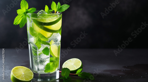 Mojito summer refreshing cocktail lime with ice and mint in highball glass on a grey stone background. 