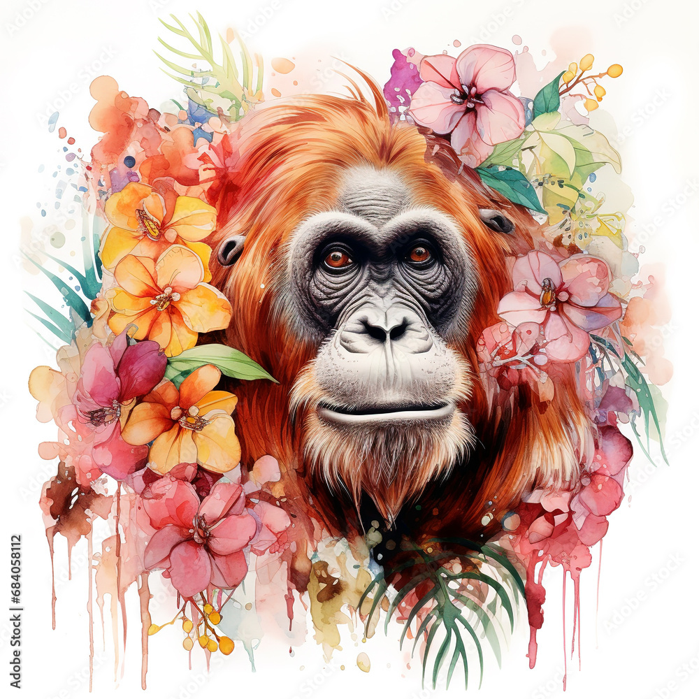 Image of an orangutan head with colorful tropical flowers on white background. Mammals. Wildlife Animals.