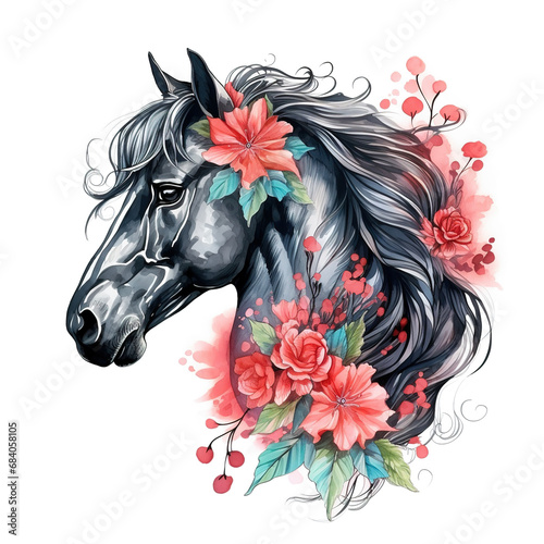 A painting a black horse head with colorful tropical flowers. Wildlife Animals.