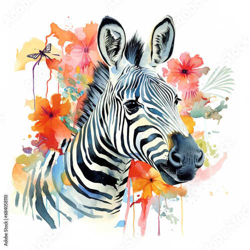 Image of a zebra head with colorful tropical flowers on white background. Mammals. Wildlife Animals.