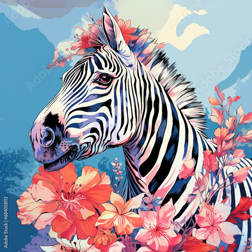 Image of a zebra head with colorful tropical flowers on clean background. Mammals. Wildlife Animals.