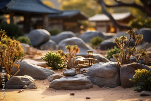 Japanese zen garden with stone and cactus and green trees background.